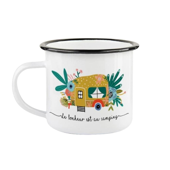 Tasse en émail ''le bonheur est au camping'' (jaune)